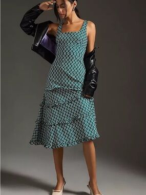 Anthropologie Dark Green Floral Tiered Maxi Dress
